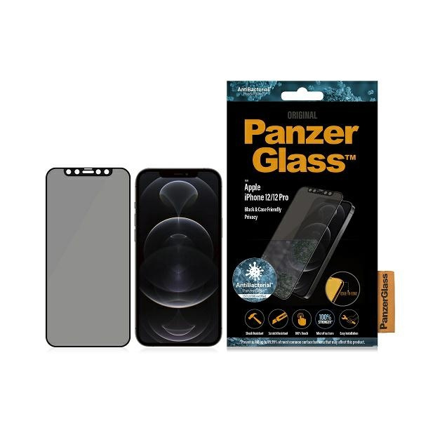 Szkło hartowane PanzerGlass E2E Super+ Microfracture antybakteryjne prywatyzujące na iPhone 12 / 12 Pro - z czarną ramką