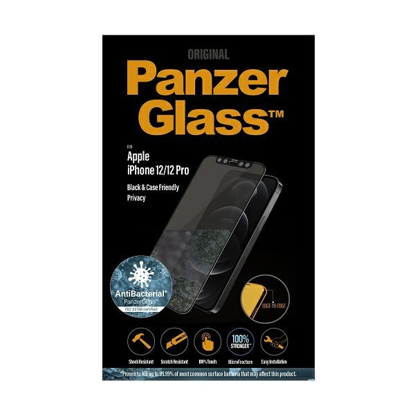 Szkło hartowane PanzerGlass E2E Super+ Microfracture antybakteryjne prywatyzujące na iPhone 12 / 12 Pro - z czarną ramką - obrazek 3