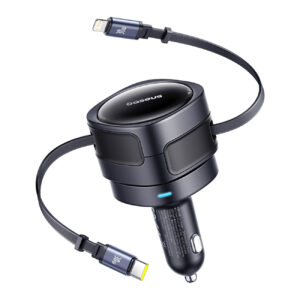 Ładowarka samochodowa Baseus Enjoyment Max 60W ze zwijanymi kablami USB-C i Lightning - czarna