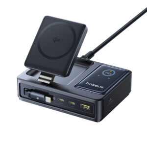 Stacja ładująca Baseus NOMOS 140W Qi2 5w1 bezprzewodowa ze zwijanym kablem USB-C i wyświetlaczem cyfrowym - czarna