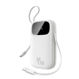 Powerbank Baseus EnerFill FC31 Qpow 3 10000mAh 45W z wyświetlaczem cyfrowym z kablami USB-C i Lightning - biały